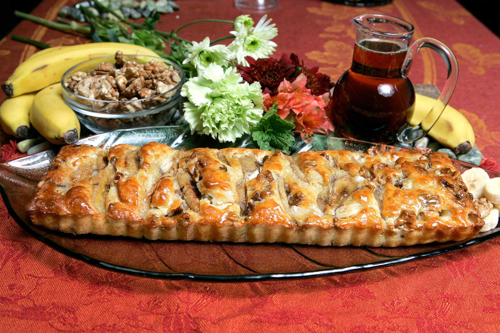 Deep Dish Buttermilk Pancake Stuffed with Fresh Bananas and Walnuts